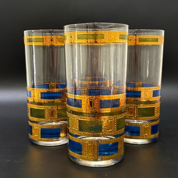 Set of 4 Vintage MCM MidMod CULVER Empress Blue Green 22K Gold Highball Glasses - Picture 6 of 16